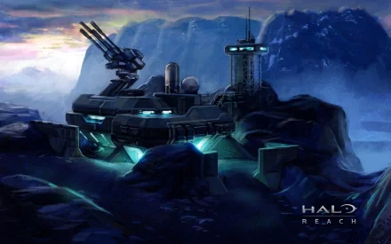 HD PC desktop wallpaper featuring a futuristic military base from the video game Halo: Reach, set against a dramatic mountainous backdrop at dusk.