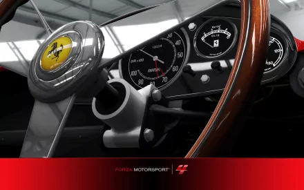 Close-up of a classic Ferrari wooden steering wheel and dashboard with gauges; red Forza Motorsport 4 banner at the bottom — HD PC desktop wallpaper/background.