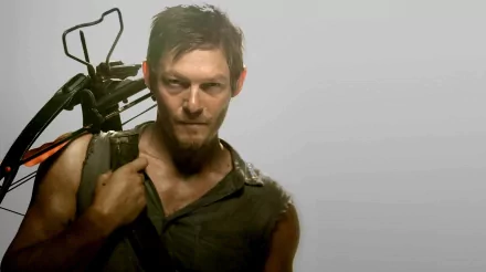 HD desktop wallpaper featuring Norman Reedus as Daryl Dixon from the TV show The Walking Dead, holding a crossbow with a determined expression against a plain background.
