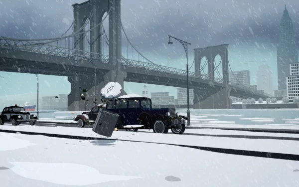 A HD desktop wallpaper featuring a snowy urban landscape from Mafia II, showcasing vintage cars and the Brooklyn Bridge in a cinematic, atmospheric setting.