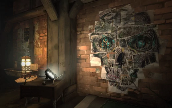 HD wallpaper of a Dishonored game scene with a lamp-lit desk and a wall covered in intriguing drawings and sketches.