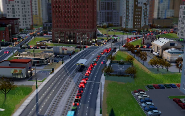 HD desktop wallpaper of a bustling SimCity with busy streets and detailed cityscape.