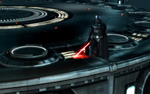 Star Wars: The Force Unleashed II HD wallpaper featuring Darth Vader with a red lightsaber on a futuristic platform.