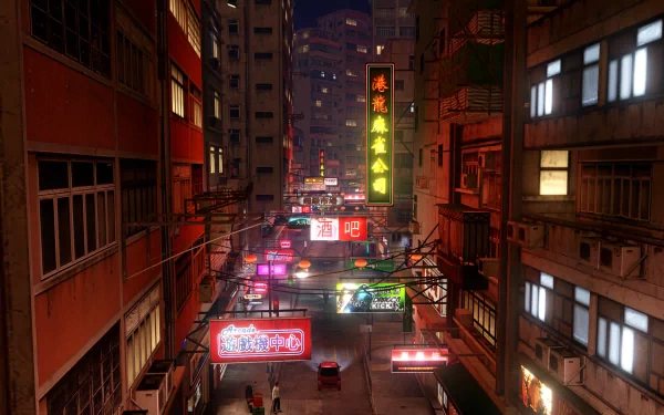 HD wallpaper featuring a vibrant nocturnal street scene from the video game Sleeping Dogs, with neon signs and urban ambiance.
