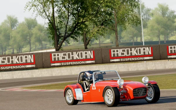 HD wallpaper of a red vintage race car from Project Cars game, on a racetrack with trees in the background.
