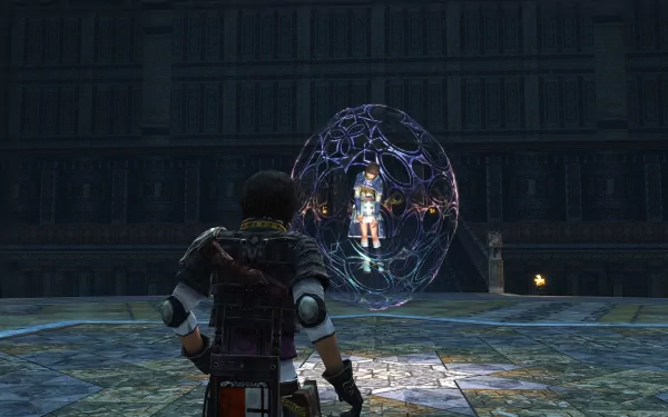 HD wallpaper of The Last Remnant featuring a character observing an enigmatic glowing sphere in a mysterious chamber.