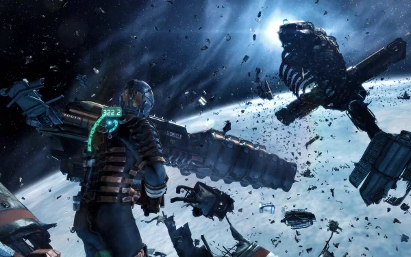 HD wallpaper featuring Isaac Clarke from Dead Space 3, amidst space debris under a cosmic backdrop.