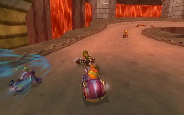 HD desktop wallpaper of Mario Kart Wii showing characters racing on a fiery lava track.