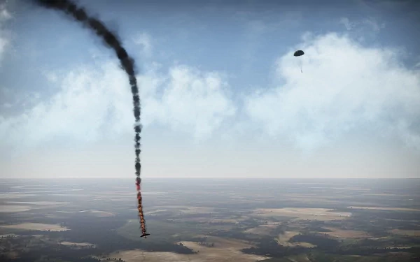 HD War Thunder wallpaper depicting a dramatic aerial scene with a parachute descending amidst smoky skies.