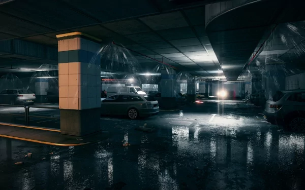 HD wallpaper of a dark, rain-soaked parking lot scene from Battlefield 3, showcasing atmospheric lighting and reflections.