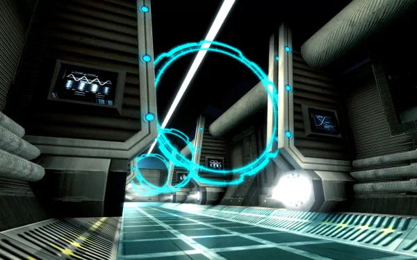 HD desktop wallpaper of a futuristic corridor from Perfect Dark: Source with glowing blue circular patterns.