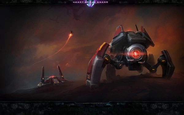 HD desktop wallpaper featuring a StarCraft II: Heart of the Swarm unit in a dynamic, moody battlefield setting.