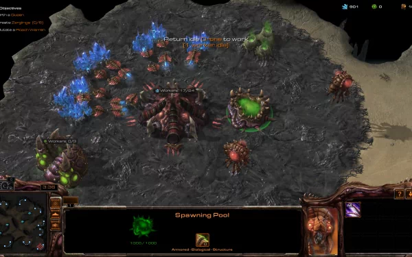 HD desktop wallpaper featuring a Zerg base from StarCraft II: Heart of the Swarm with mineral fields and a Spawning Pool.