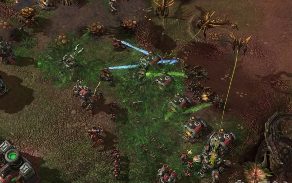 HD desktop wallpaper featuring a StarCraft II: Heart of the Swarm battle scene with units engaged in combat.
