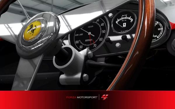 Close-up of a classic Ferrari wooden steering wheel and dashboard with gauges; red Forza Motorsport 4 banner at the bottom — HD PC desktop wallpaper/background.