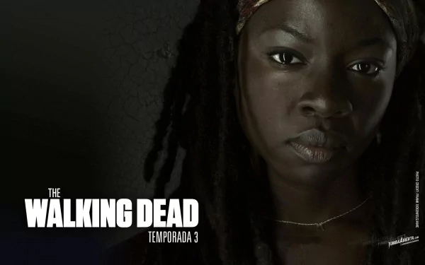 Close-up of Michonne from The Walking Dead, portraying strength and resilience. Danai Gurira shines as this iconic character in a dramatic, moody wallpaper design.