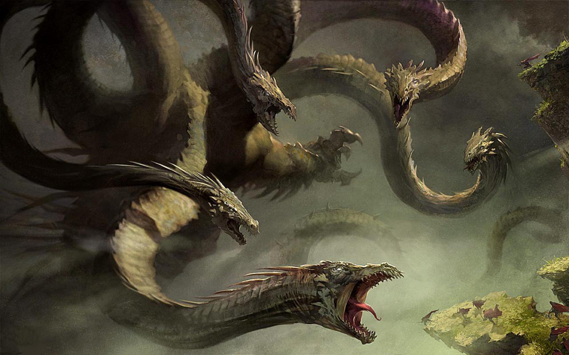 HD fantasy PC desktop wallpaper depicting a fierce hydra creature with multiple snake-like heads emerging from misty surroundings.