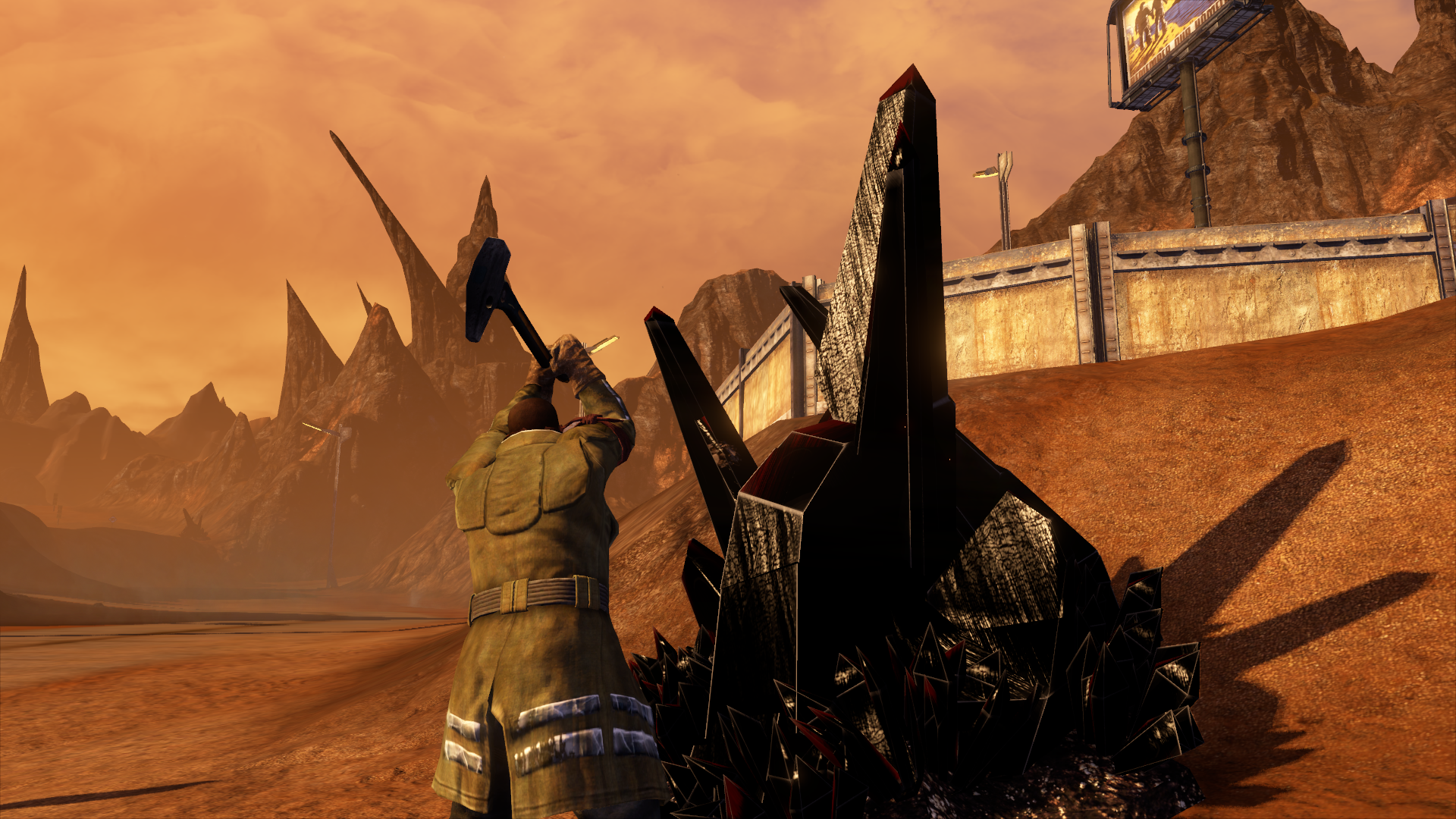 HD desktop wallpaper of a scene from Red Faction: Guerrilla featuring a character wielding a sledgehammer next to crystal formations.