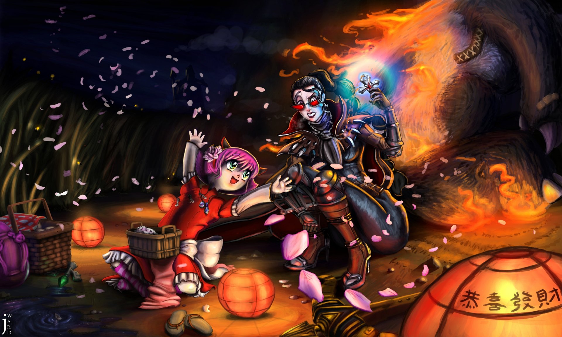Annie and Vayne from League of Legends share a vibrant, dynamic scene, illuminated by lanterns and petals, set against a dark, enchanting backdrop in this HD desktop wallpaper.