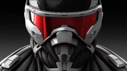 Close-up HD PC desktop wallpaper of a futuristic soldier wearing a high-tech helmet with red visor from the video game Crysis 2.