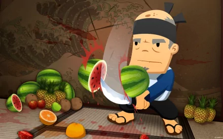 HD PC desktop wallpaper for the Fruit Ninja Kinect video game: stylized samurai slicing watermelons, oranges and pineapples with a curved blade.