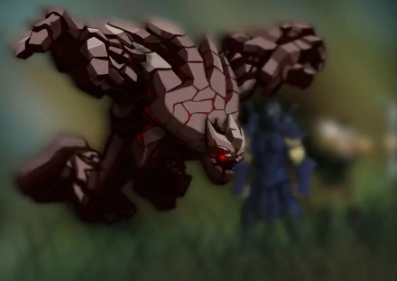 HD PC desktop wallpaper: Malphite (League of Legends) lunging forward, rocky titan with glowing red eyes over a blurred battlefield — video game background.