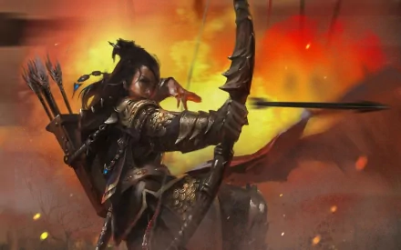 Fantasy-themed HD PC desktop wallpaper featuring a focused archer drawing a bow against a fiery, dynamic background.
