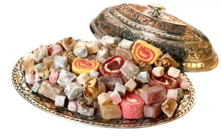 HD desktop wallpaper featuring an ornate metal tray filled with assorted colorful candies and Turkish delight against a white background.