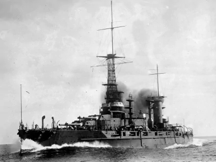 Black-and-white 4K Ultra HD desktop wallpaper of the battleship ARA Rivadavia steaming at sea, Argentine Navy military vessel.