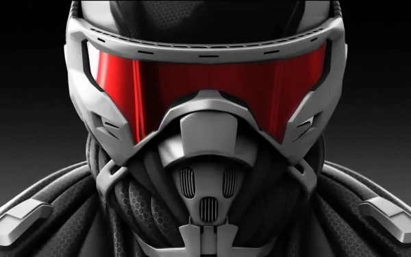 Close-up HD PC desktop wallpaper of a futuristic soldier wearing a high-tech helmet with red visor from the video game Crysis 2.