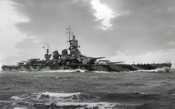 Black and white HD desktop wallpaper featuring a large military battleship sailing through choppy waters under a cloudy sky.