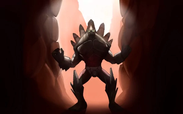 A dramatic HD wallpaper featuring Malphite from League of Legends, set against a canyon backdrop that highlights his imposing figure and rocky texture.