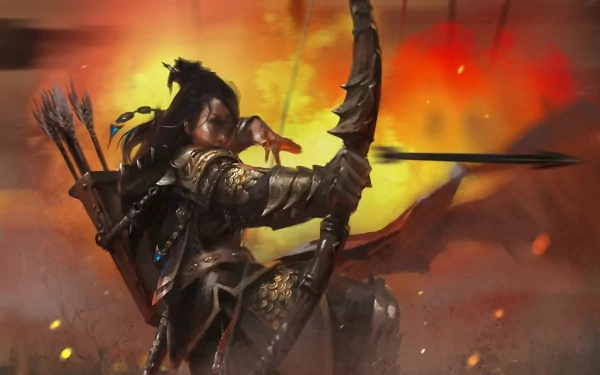 Fantasy-themed HD PC desktop wallpaper featuring a focused archer drawing a bow against a fiery, dynamic background.