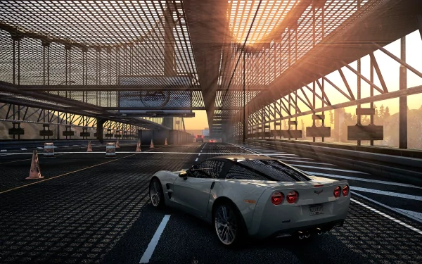HD wallpaper of Need For Speed: Most Wanted featuring a sports car on an urban bridge at sunset.