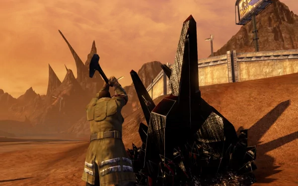 HD desktop wallpaper of a scene from Red Faction: Guerrilla featuring a character wielding a sledgehammer next to crystal formations.