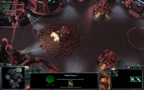 HD desktop wallpaper of a StarCraft II: Heart of the Swarm in-game scene featuring a Hatchery and Terran structures.