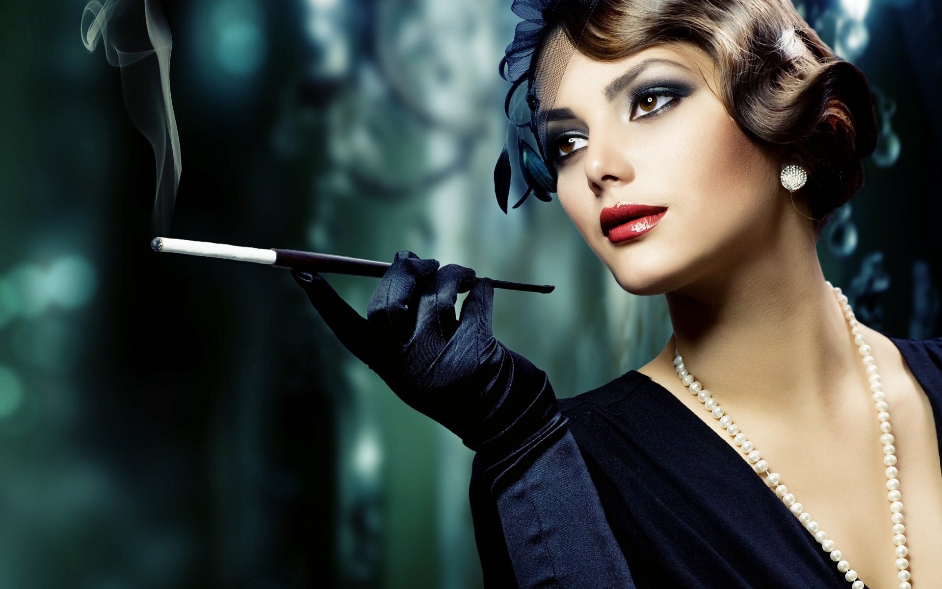 HD PC desktop wallpaper featuring a glamorous woman, Judy Wilkins, dressed in vintage style with elegant gloves, pearl necklace, and holding a long cigarette holder.