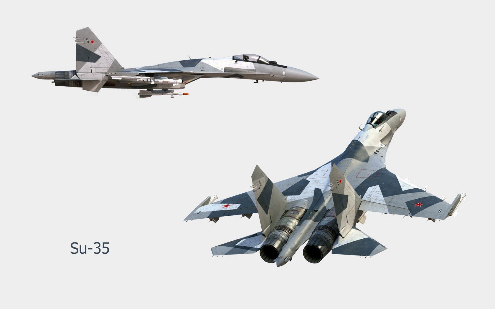 HD military wallpaper featuring two Sukhoi Su-35 fighter jets in flight against a white background, showcasing their sleek design and camouflaged paint.