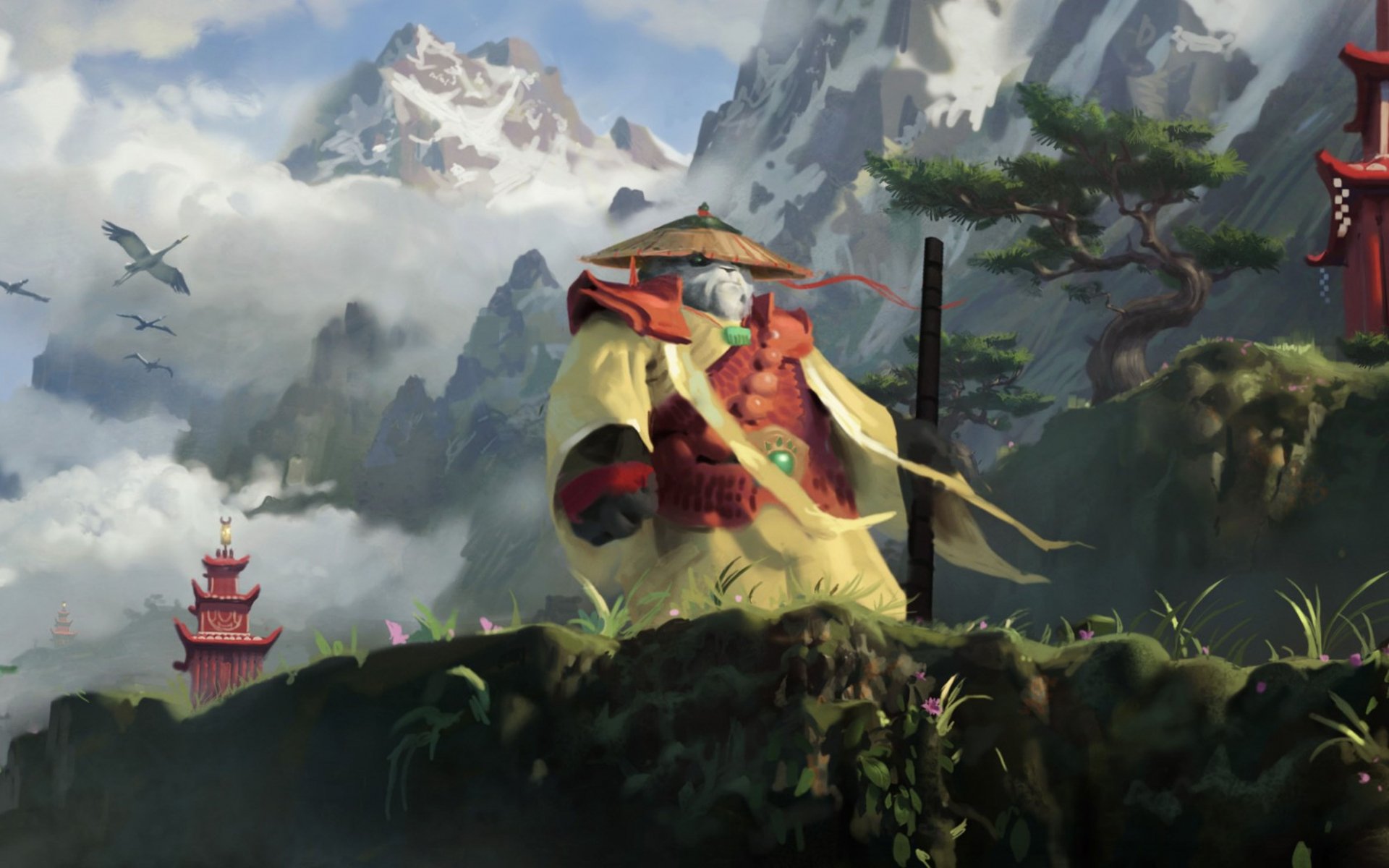 4K Ultra HD PC desktop wallpaper of the video game World of Warcraft: Mists of Pandaria — a robed Pandaren monk on a misty cliff overlooking pagodas, jagged mountains and soaring birds.