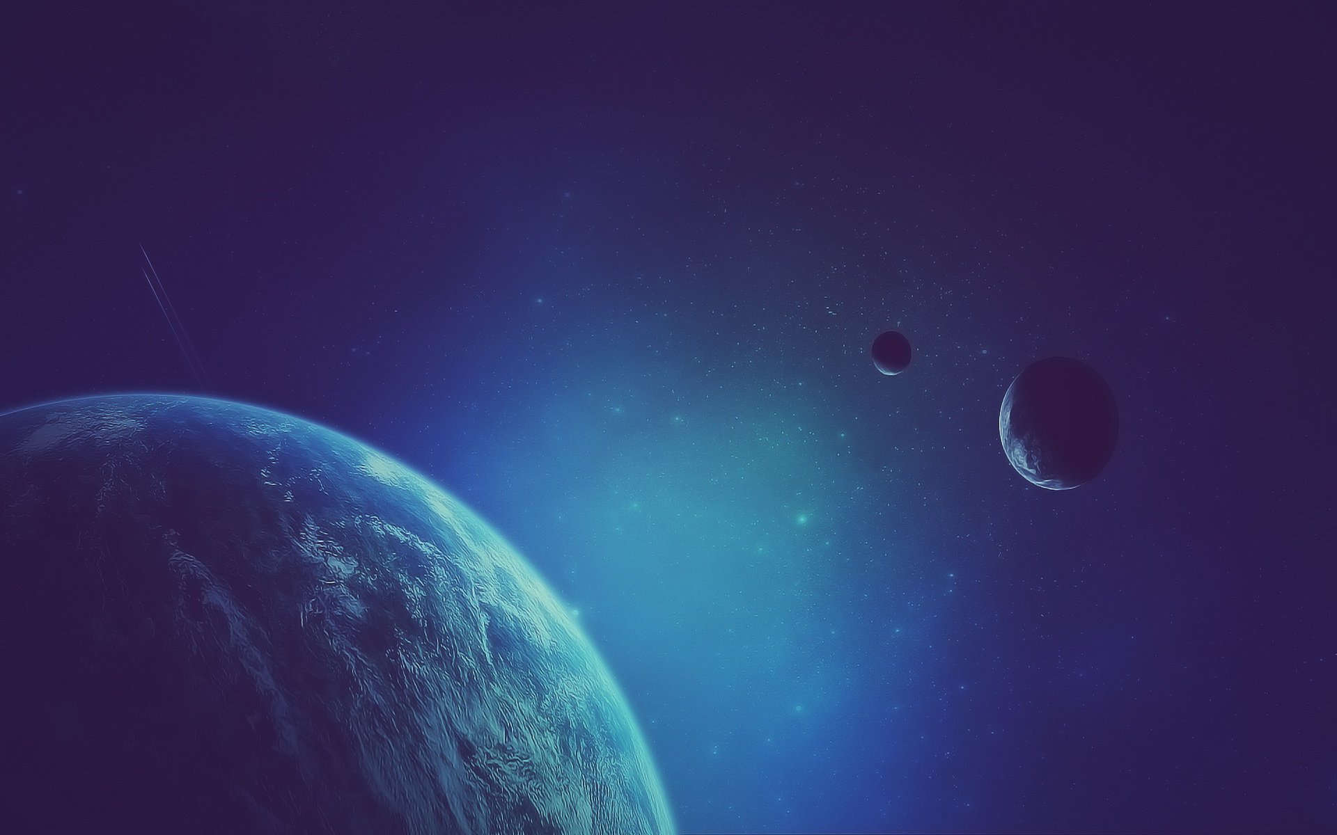HD sci-fi desktop wallpaper depicting a detailed planet with two moons against a deep blue cosmic background.