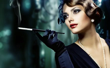 HD PC desktop wallpaper featuring a glamorous woman, Judy Wilkins, dressed in vintage style with elegant gloves, pearl necklace, and holding a long cigarette holder.
