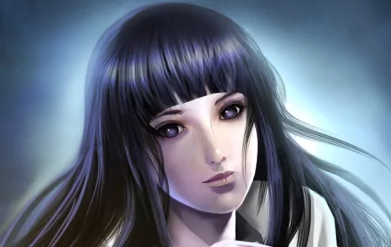 HD wallpaper of Hinata Hyuga from the anime Naruto, featuring a close-up of her face with a calm expression, framed by long, flowing hair and a soft, glowing background.