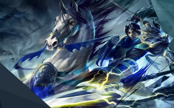 HD desktop wallpaper featuring Xin Zhao from the video game League of Legends, showcasing him in dynamic action with a horse, set in the Demacia faction.