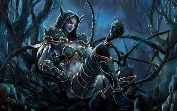 4K Ultra HD World of Warcraft desktop wallpaper featuring a dark elf warrior in intricate armor holding a skull, set against a shadowy, twisted forest background.