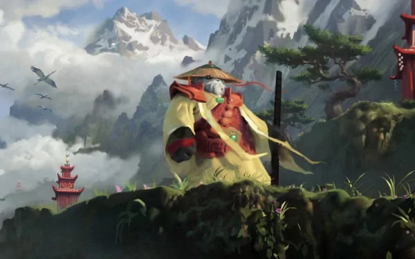 4K Ultra HD PC desktop wallpaper of the video game World of Warcraft: Mists of Pandaria — a robed Pandaren monk on a misty cliff overlooking pagodas, jagged mountains and soaring birds.