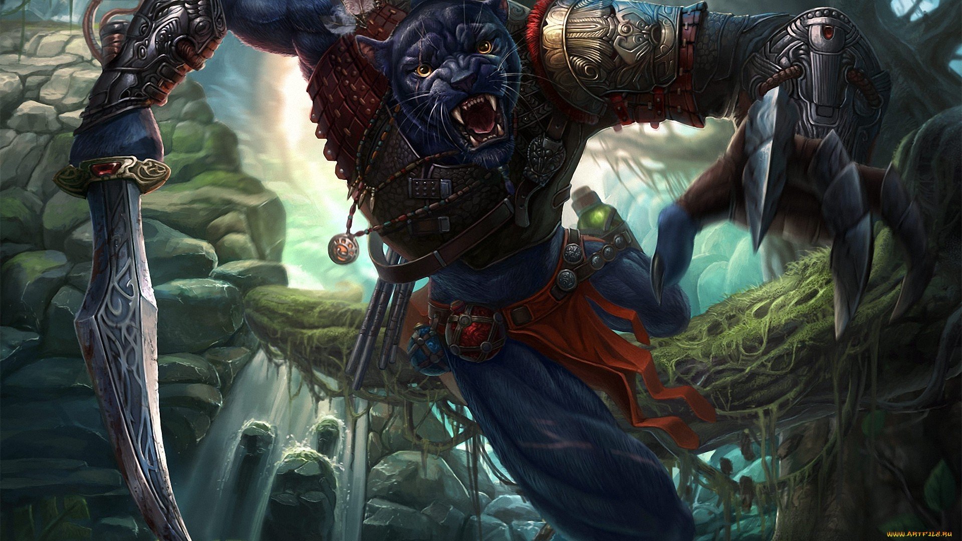 A powerful fantasy warrior, resembling a panther, brandishes swords while navigating a lush, mystical landscape. This HD image serves as an engaging desktop wallpaper.