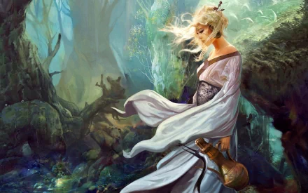 A fantasy scene featuring a woman in flowing garments, surrounded by an enchanted forest, creating a captivating HD desktop wallpaper.