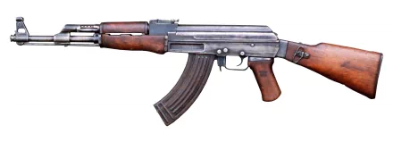 High-definition desktop wallpaper featuring a detailed image of a man-made AK 47 rifle with wooden and metal components.