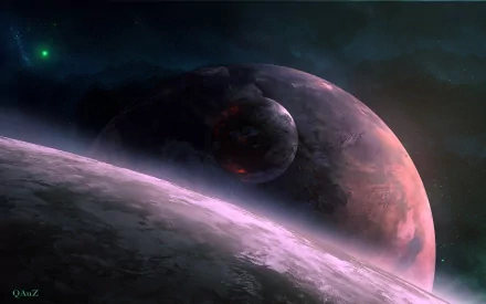 A vibrant planetscape featuring colorful celestial bodies against a dark cosmic backdrop. This HD wallpaper captures the essence of sci-fi landscapes beautifully.