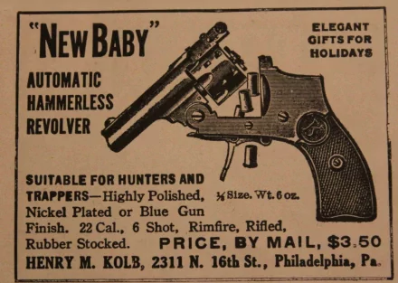 HD PC desktop wallpaper background: vintage sepia ad for a man-made New Baby automatic hammerless revolver, illustrated with detailed product text.